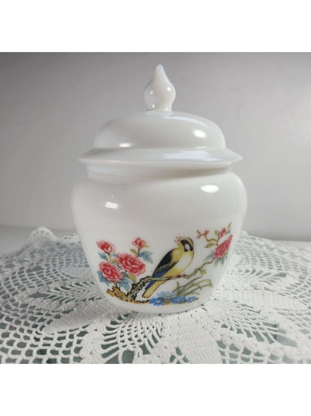 Avon Dynasty Milk Glass Candle Holder Bird on Branch with Flowers Vintage 1980s